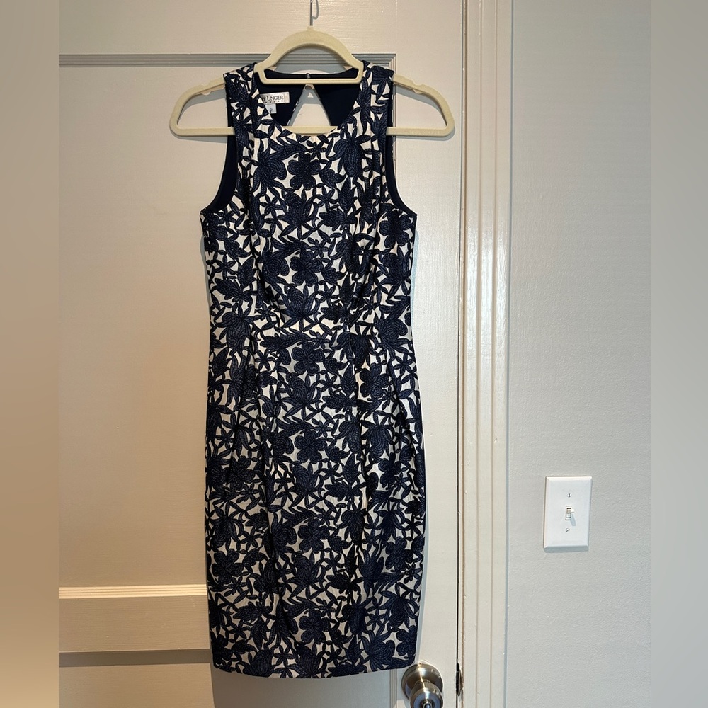 Kay Unger Blue Floral Metallic Dress